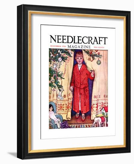 Young Girl From Behind A Curtain Stressing Needlecraft-Needlecraft Magazine-Framed Art Print