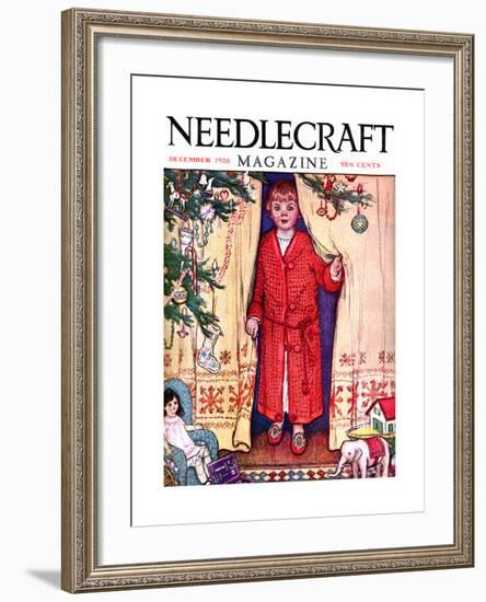 Young Girl From Behind A Curtain Stressing Needlecraft-Needlecraft Magazine-Framed Art Print