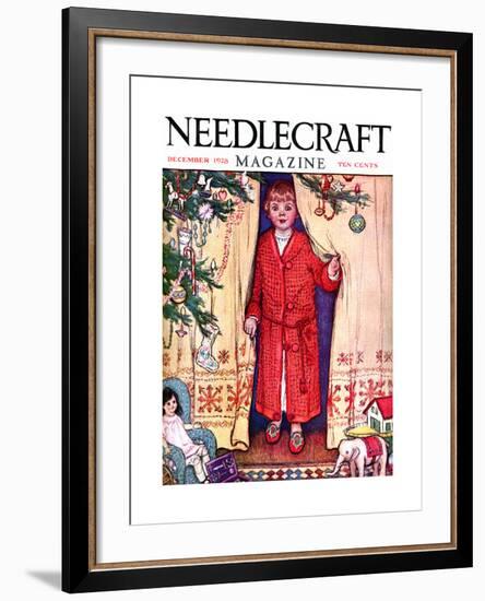 Young Girl From Behind A Curtain Stressing Needlecraft-Needlecraft Magazine-Framed Art Print