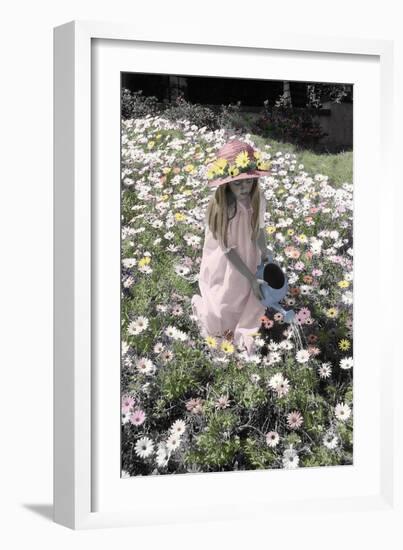 Young Girl in a Field of Flowers Watering Them-Nora Hernandez-Framed Giclee Print