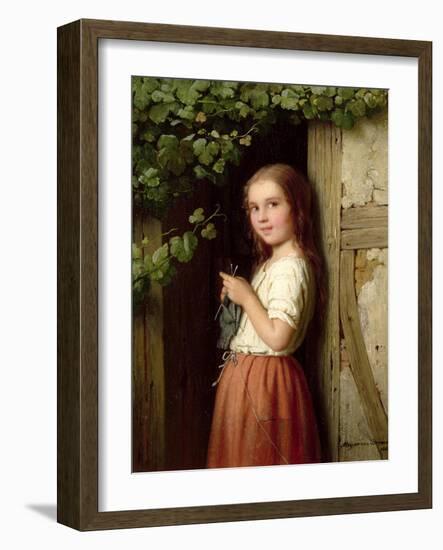 Young Girl Standing in a Doorway Knitting, 1863-Johann Georg Meyer von Bremen-Framed Giclee Print