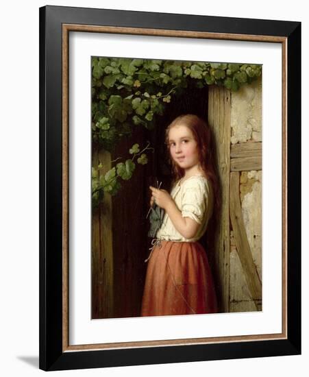 Young Girl Standing in a Doorway Knitting, 1863-Johann Georg Meyer von Bremen-Framed Giclee Print