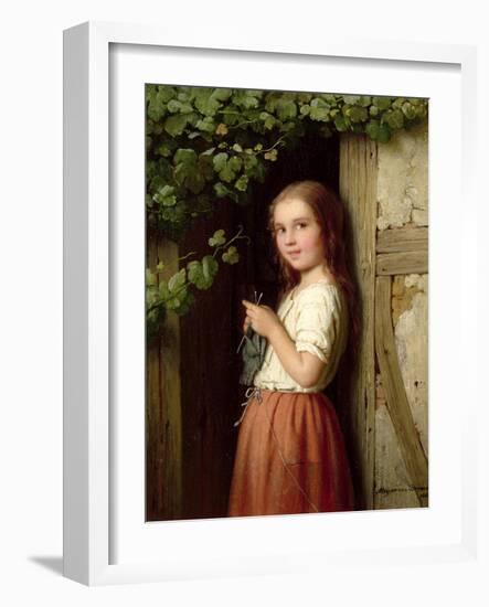 Young Girl Standing in a Doorway Knitting, 1863-Johann Georg Meyer von Bremen-Framed Giclee Print