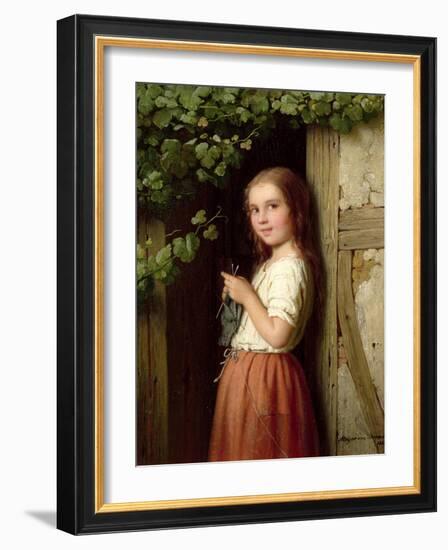 Young Girl Standing in a Doorway Knitting, 1863-Johann Georg Meyer von Bremen-Framed Giclee Print