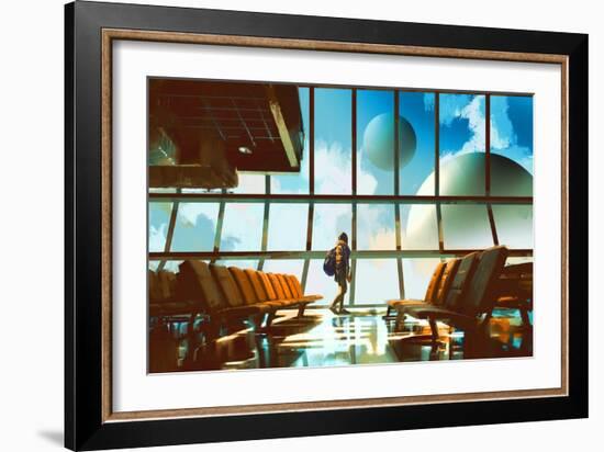 Young Girl Walking in Airport Looking Planets through Window,Illustration Painting-Tithi Luadthong-Framed Art Print