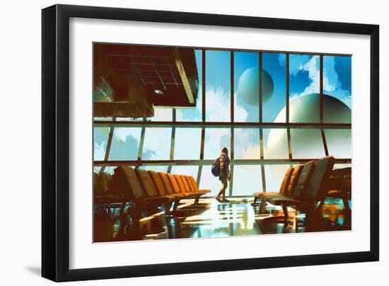 Young Girl Walking in Airport Looking Planets through Window,Illustration Painting-Tithi Luadthong-Framed Art Print