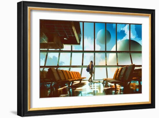 Young Girl Walking in Airport Looking Planets through Window,Illustration Painting-Tithi Luadthong-Framed Art Print