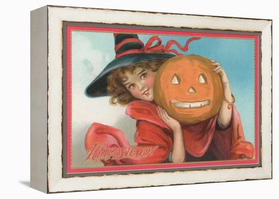 Young Girl Witch with Jack O'Lantern-null-Framed Stretched Canvas