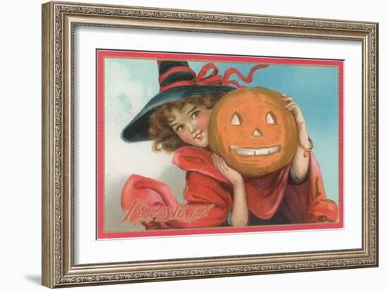 Young Girl Witch with Jack O'Lantern-null-Framed Art Print