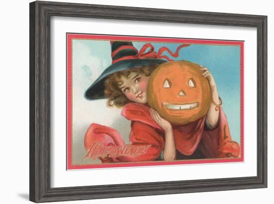 Young Girl Witch with Jack O'Lantern-null-Framed Art Print