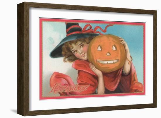 Young Girl Witch with Jack O'Lantern-null-Framed Art Print