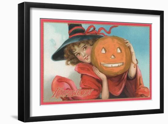 Young Girl Witch with Jack O'Lantern-null-Framed Art Print