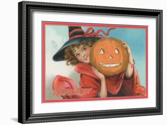 Young Girl Witch with Jack O'Lantern-null-Framed Art Print