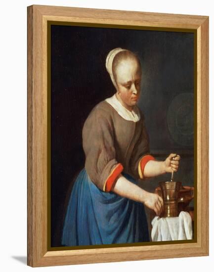 Young Girl with a Pestle and Mortar-Gabriel Metsu-Framed Premier Image Canvas