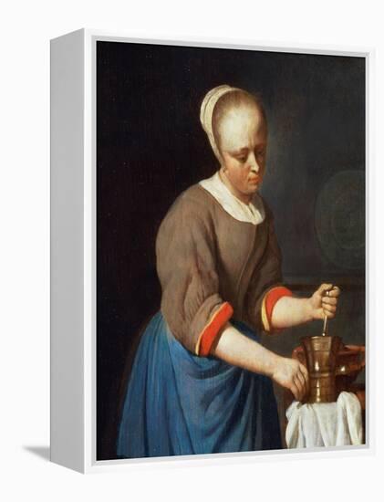 Young Girl with a Pestle and Mortar-Gabriel Metsu-Framed Premier Image Canvas