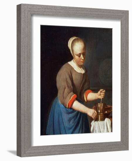 Young Girl with a Pestle and Mortar-Gabriel Metsu-Framed Giclee Print