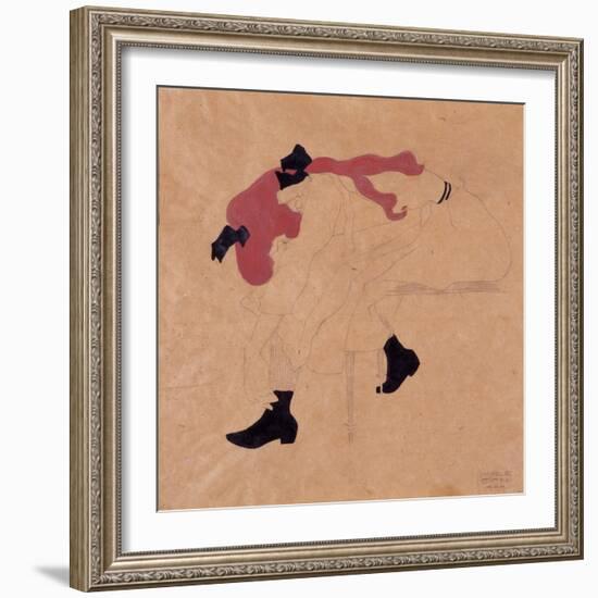 Young Girl with Black Ribbon in Red Hair, Putting Her Shoes On, 1909-Egon Schiele-Framed Giclee Print