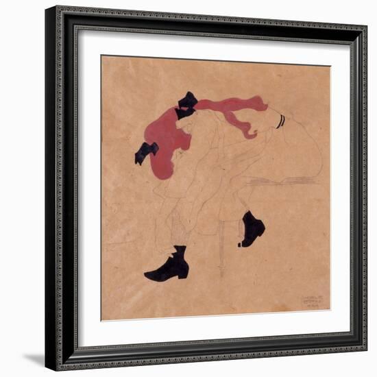 Young Girl with Black Ribbon in Red Hair, Putting Her Shoes On, 1909-Egon Schiele-Framed Giclee Print