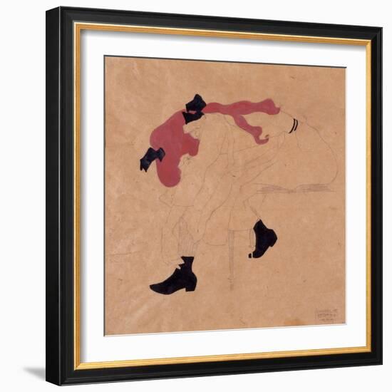 Young Girl with Black Ribbon in Red Hair, Putting Her Shoes On, 1909-Egon Schiele-Framed Giclee Print