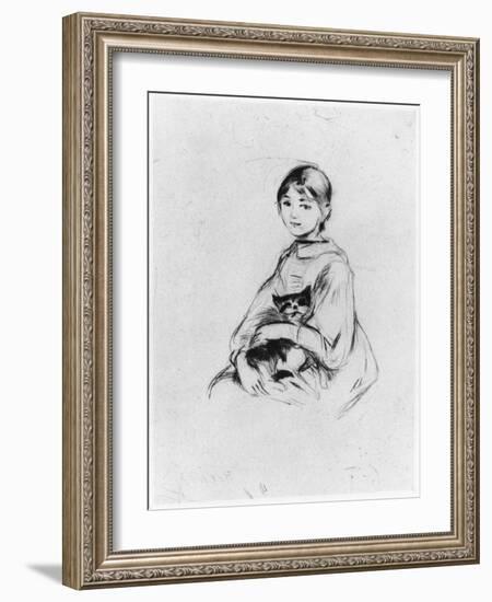 Young Girl with Cat, 1889 (Drypoint)-Berthe Morisot-Framed Giclee Print