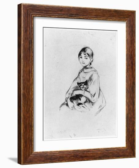 Young Girl with Cat, 1889 (Drypoint)-Berthe Morisot-Framed Giclee Print