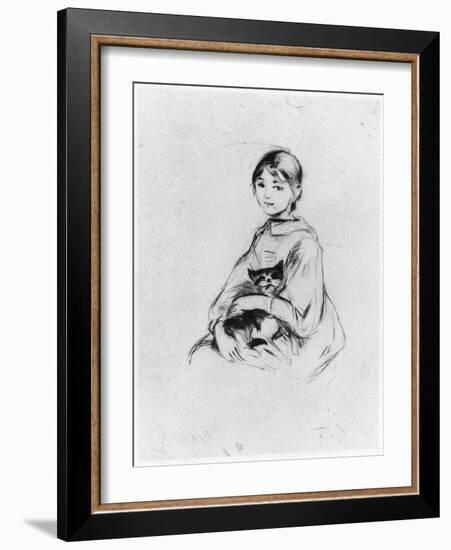 Young Girl with Cat, 1889 (Drypoint)-Berthe Morisot-Framed Giclee Print