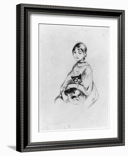 Young Girl with Cat, 1889 (Drypoint)-Berthe Morisot-Framed Giclee Print