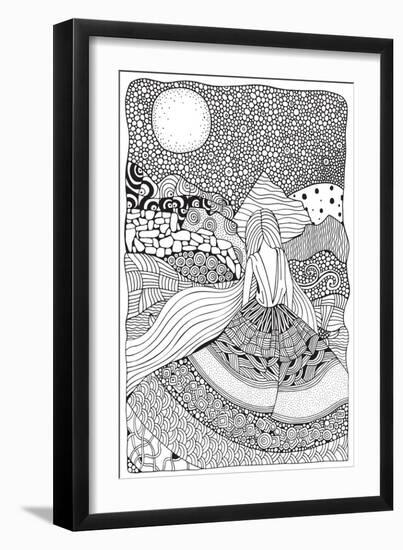 Young Girl with Long Hair. Beautiful, Long Dress in Zentangle Style. Adult Coloring Book Page in A4-ImHope-Framed Art Print