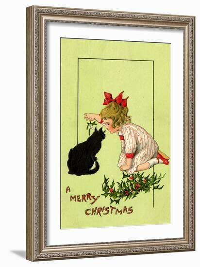 Young Girl with Red Bow and Shoes Holding Mistletoe Over a Black Cat, Beatrice Litzinger Collection-null-Framed Art Print