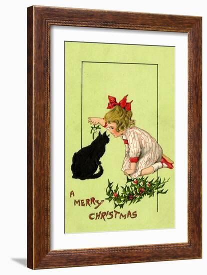 Young Girl with Red Bow and Shoes Holding Mistletoe Over a Black Cat, Beatrice Litzinger Collection-null-Framed Art Print