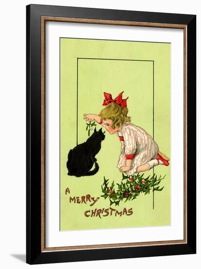 Young Girl with Red Bow and Shoes Holding Mistletoe Over a Black Cat, Beatrice Litzinger Collection-null-Framed Art Print