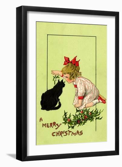 Young Girl with Red Bow and Shoes Holding Mistletoe Over a Black Cat, Beatrice Litzinger Collection-null-Framed Art Print
