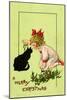 Young Girl with Red Bow and Shoes Holding Mistletoe Over a Black Cat, Beatrice Litzinger Collection-null-Mounted Art Print