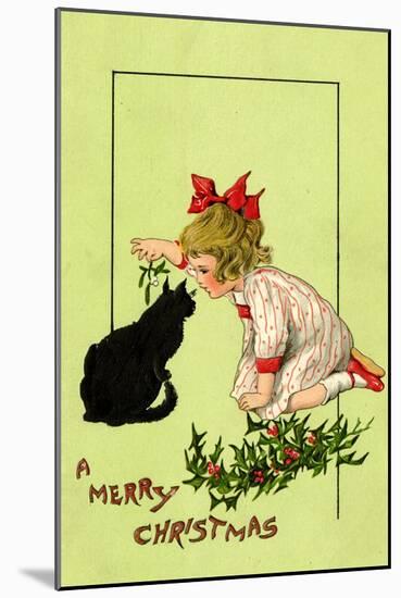 Young Girl with Red Bow and Shoes Holding Mistletoe Over a Black Cat, Beatrice Litzinger Collection-null-Mounted Art Print