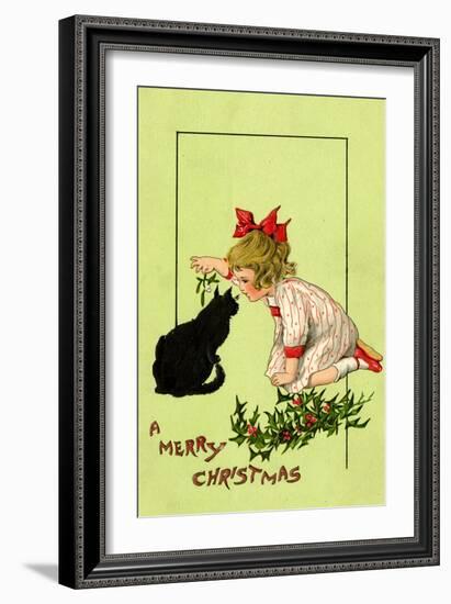 Young Girl with Red Bow and Shoes Holding Mistletoe Over a Black Cat, Beatrice Litzinger Collection-null-Framed Art Print