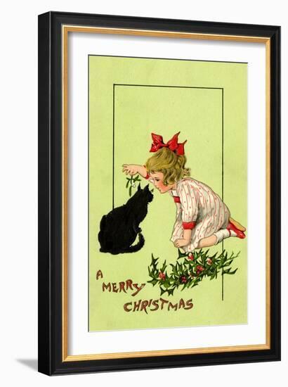 Young Girl with Red Bow and Shoes Holding Mistletoe Over a Black Cat, Beatrice Litzinger Collection-null-Framed Art Print