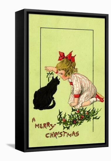 Young Girl with Red Bow and Shoes Holding Mistletoe Over a Black Cat, Beatrice Litzinger Collection-null-Framed Stretched Canvas