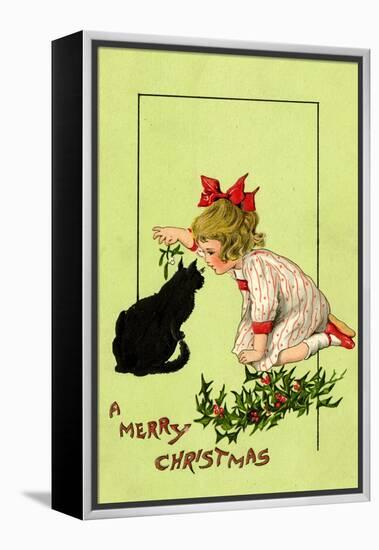 Young Girl with Red Bow and Shoes Holding Mistletoe Over a Black Cat, Beatrice Litzinger Collection-null-Framed Stretched Canvas