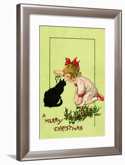 Young Girl with Red Bow and Shoes Holding Mistletoe Over a Black Cat, Beatrice Litzinger Collection-null-Framed Art Print