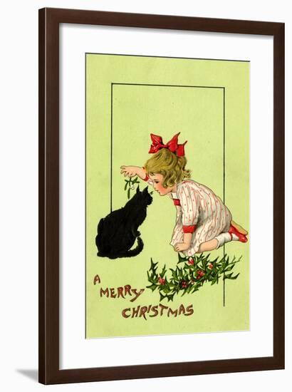 Young Girl with Red Bow and Shoes Holding Mistletoe Over a Black Cat, Beatrice Litzinger Collection-null-Framed Art Print