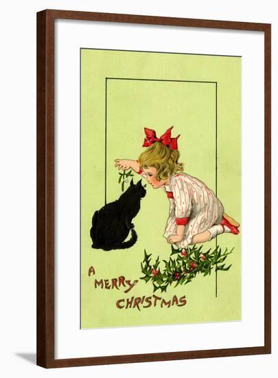 Young Girl with Red Bow and Shoes Holding Mistletoe Over a Black Cat, Beatrice Litzinger Collection-null-Framed Art Print