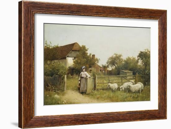 Young Girl with Sheep, by a Cottage-Benjamin D. Sigmund-Framed Giclee Print