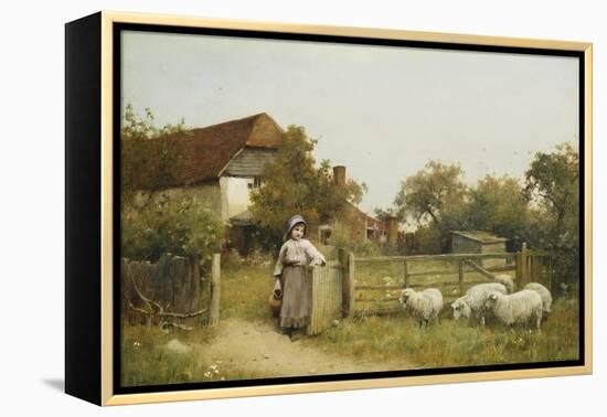 Young Girl with Sheep, by a Cottage-Benjamin D. Sigmund-Framed Premier Image Canvas
