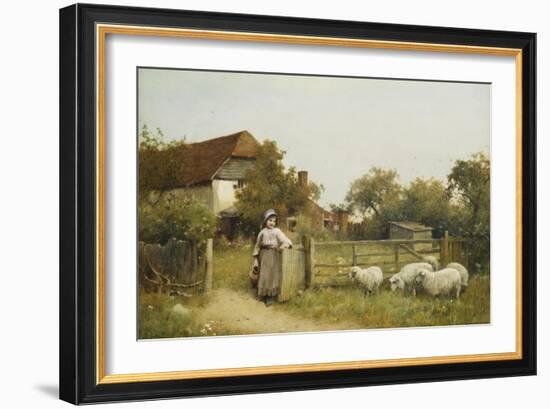 Young Girl with Sheep, by a Cottage-Benjamin D. Sigmund-Framed Giclee Print
