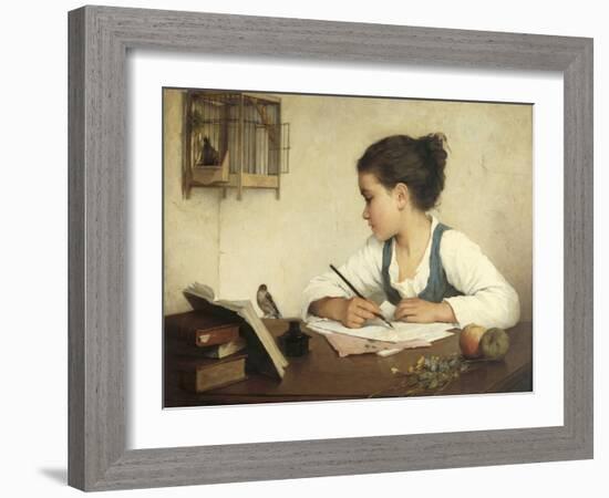 Young Girl Writing at Her Desk with Birds-Henriette Browne-Framed Giclee Print