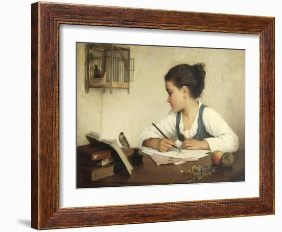 Young Girl Writing at Her Desk with Birds-Henriette Browne-Framed Giclee Print