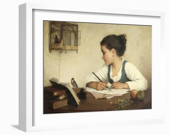 Young Girl Writing at Her Desk with Birds-Henriette Browne-Framed Giclee Print