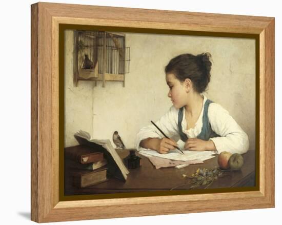 Young Girl Writing at Her Desk with Birds-Henriette Browne-Framed Premier Image Canvas