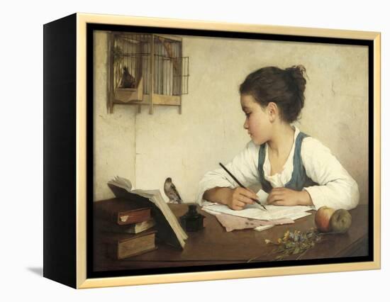 Young Girl Writing at Her Desk with Birds-Henriette Browne-Framed Premier Image Canvas