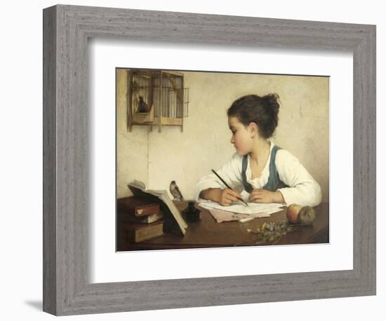 Young Girl Writing at Her Desk with Birds-Henriette Browne-Framed Giclee Print